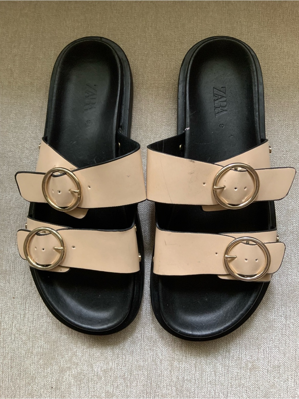 Zara Nude Double-Buckle Slide Sandals with Gold Rings